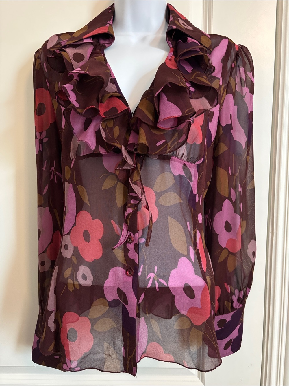 Ideology 100% Sheer Silk Floral Ruffle Blouse - Burgandy Pink. Size M